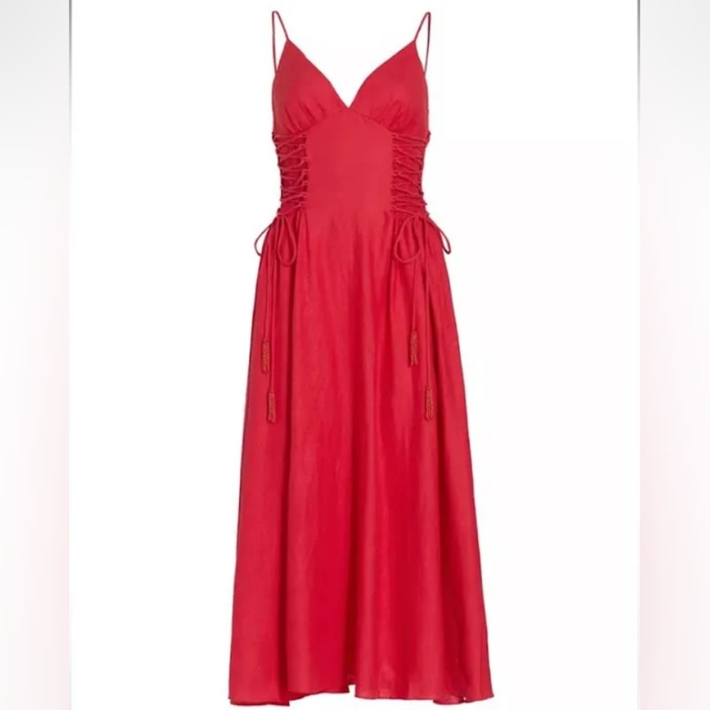 Farm rio Linen-Blend Lace-Up Midi-Dress red sz L,XL BNWT - Picture 10 of 13